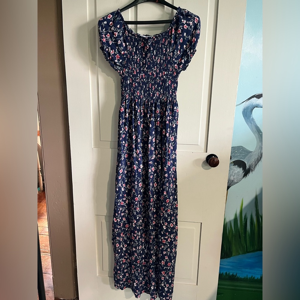 Navy Floral Smocked Maxi Dress